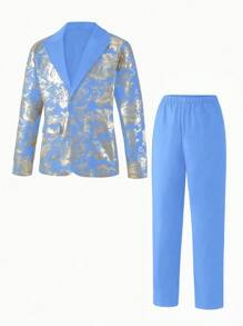 SHEIN Tween Boys' 2pcs Gentleman Suit - Metallic Print Blazer And Solid Color Pants, & Stylish For Birthday Party, Evening Party, Wedding, Wedding Guest, Pageboy, Ring Boy - Mint Blue - View 1