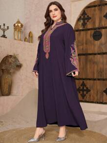 Al Najma Plus Size Plants Embroidered Notched Neck Arabic Style Dress For Women, Modest Kaftan - Purple - View 5