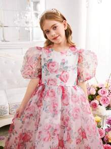 Tween Girl 蝴蝶结后背欧根纱花卉印花泡泡袖连衣裙 - 粉色 - 查看 10