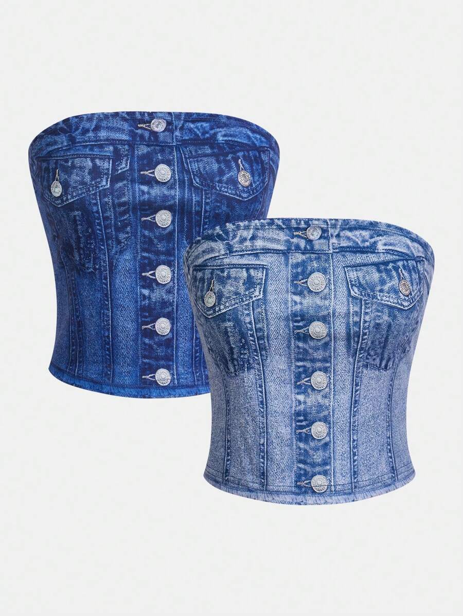 SHEIN Essnce 2 Packs Denim Effect Strapless Top Tube Top Crop Top(No Denim)