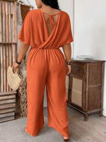 SHEIN Clasi Commute Backless Short Sleeve Jumpsuit - Rust Brown - View 2