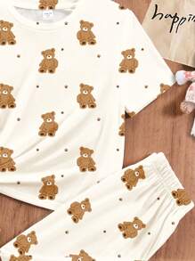 SHEIN Leap Crew 可爱熊图案少女休闲简约圆领短袖 T 恤和宽松长裤家居服，适合春夏季 - 彩色 - 查看 5