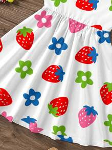 Śliczna kolorowa truskawka i kwiatowy nadruk dla młodej dziewczyny, swobodna, minimalistyczna, bezrękawa sukienka o średniej długości, odpowiednia na lato - Wielokolorowe - Zobacz 5