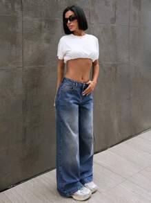 EURMUSE Low Waist Wide Leg Women's Dark Blue Loose Straight Jeans, Simple & Fashionable Wide Leg Jeans Women Jeans Wide Leg - Dark Wash - View 5