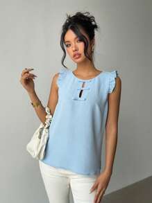 Chiquease Women Casual Solid Color Round Neck Cap Sleeve Bow Blouse, Spring/Summer
