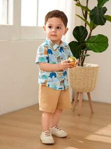 Cozy Pixies Bộ 2 áo sơ mi tay ngắn cổ in họa tiết cây và hoa cho bé trai và quần short cạp chun - Màu xanh lam - Xem 3