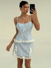 Aloruh Damen 2 Stücke Set mit Schleife, gestreiftem Camisole-Top und Minirock