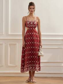Aveloria Rosie 复古浪漫碎花刺绣镂空系带连衣裙，春夏波西米亚度假时尚风满版印花 - 紅色 - 查看 2