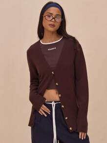 MUSERA Knit Longline Plunge V-Neck Button Down Long Sleeve Cardigan Spring  Chic - Coffee Brown - View 1