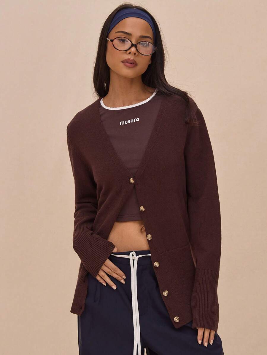 MUSERA Knit Longline Plunge V-Neck Button Down Long Sleeve Cardigan Spring  Chic - Coffee Brown - View 1