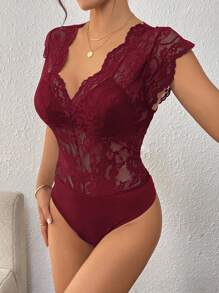 Bluhae Bộ đồ liền thân không tay thêu ren và chắp vá gợi cảm thanh lịch dành cho nữ - Màu Đỏ Sâu - Xem 5