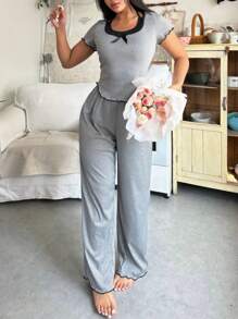 Women's Butterfly Contrast Color Sling Sleepwear Set - Grey - View 5