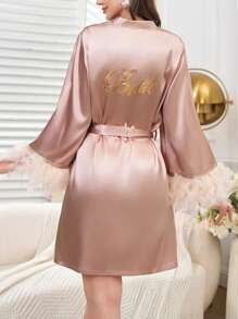 Elegant Gold Embroidered Feather Design Women's Kimono Robe - Coral Pink - View 4