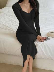 DAZY 女式纯色修身方形领口仿裹身中长连衣裙，春夏秋装，秋季女装长袖连衣裙 - 黑色 - 查看 3