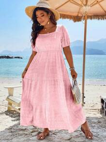 SHEIN Clasi Plus Square Neck Puff Sleeve Ruffle Hem Dress Maxi Women Outfit - Pink - View 3