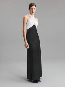 Ontre 女士无袖挂脖式拼色 A 字形连衣裙，塔夫绸轻质派对礼服，春夏