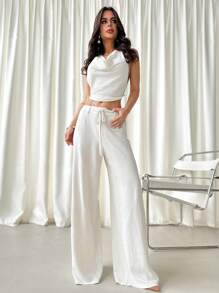 Firerie 2 件春夏新款休闲优雅性感吊带露背吊带背心和低腰抽绳宽松阔腿亚麻裤套装 - 杏色 - 查看 4