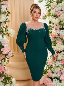 SHEIN Belle Plus Size Elegant Dark Green Vintage Puff Sleeve Long Sleeve Beaded Sheer Neck Midi Bodycon Evening Dress, Wedding Guest Dress, Party Dress, For Cocktail