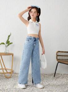 SHEIN بنطلون جينز واسع الساق مع خصر غير متماثل وهيم مشقوق من الحرير الطبيعي المغسول للفتيات المراهقات في موسم الربيع والصيف، ملابس صيفية للفتيات