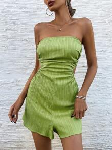 SHEIN VCAY Summer Outing Holiday Dating Romper, Summer Side Hollowed-Out Pleated Waist Casual Texture With Chest Romper, Summer Holiday Beach Romper, Back To School Dress, Very Simple Dress, Office Dress, Old Money Dress, Teacher Dress, Dating Dress, Going Out For Wedding Season BFF Afternoon Tea Party Festival Romper, Going Out For Music Festival Romper - Green - View 1