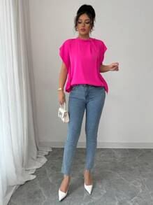 Elenzga Solid Color Sleeveless Pleated Casual Shirt, Suitable For Everyday Wear - Hot Pink - View 6