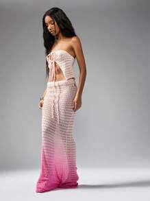 MISSGUIDED 钩针针织两件套Ombre Beach Cover Up节日服装夏季裁剪上衣Maxi裙子搭配套装Boho Resort Wear - 粉色 - 查看 1