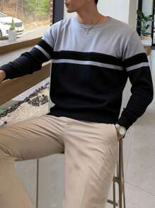 Manfinity Homme Men's Solid Color Panel Design Crew Neck Casual Long Sleeve Sweater