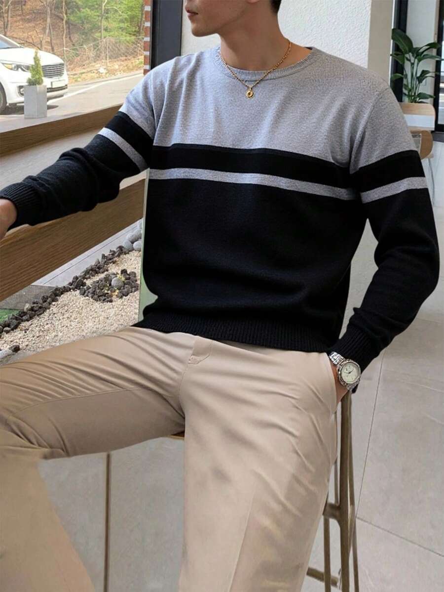 Manfinity Homme Men's Solid Color Panel Design Crew Neck Casual Long Sleeve Sweater