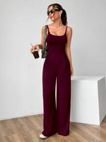 SHEIN Unity Solid Color Spaghetti Strap Backless High Waist Loose Jumpsuit - Burgundy - View 6