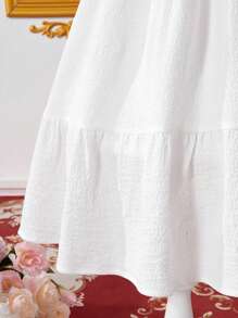 Young Girl V-Neck Embroidery Design Button Elegant Dress - White - View 3