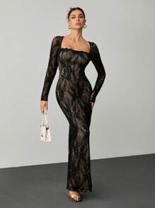SHEIN Tall 女士新款夏季派对约会晚会性感S型蕾丝长袖抹胸鱼骨方领紧身裹臀黑色长裙 - 黑色 - 查看 1