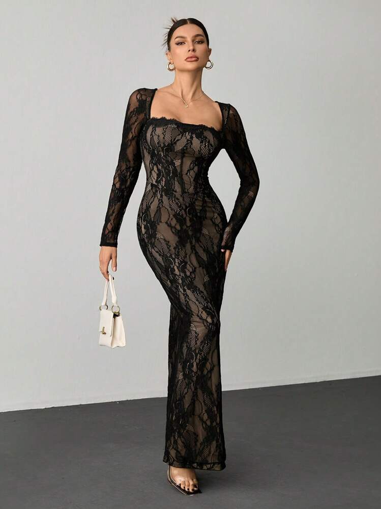 shein lace maxi dress SHEIN Tall Women's Elegant Black Lace Maxi Dress With Square Neck Long  Sleeves And Fitted Mermaid Hem, Tall Women