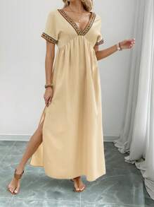 Breezaya Của phụ nữ Ngắn tay Khối màu Hình học Dệt hoa Đầm - Màu Khaki - Xem 4