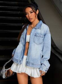 SHEIN ICON Loose Fit Light Wash Women's Denim Jacket/Coat - Light Wash - View 5