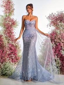 Glamrae 优雅浅灰色露肩网眼透视奢华亮片撞色网眼垂坠鱼尾拖尾长款晚礼服，派对礼服，婚礼宾客礼服，正式礼服，晚礼服 - 淺灰色 - 查看 5