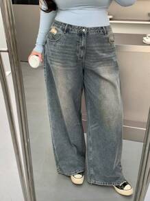 Dazy Plus Plus Size Washed Distressed Loose Relaxed Wide Leg Long Denim Jeans,Baggy Jeans