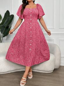 SHEIN Clasi Plus Size Women's Ditsy Floral Print Square Collar Buttoned Dress Maxi Women Outfit - Hot Pink - View 6