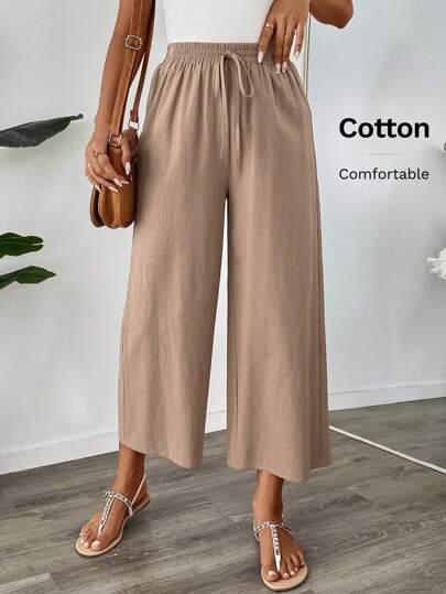 SHEIN LUNE Women's Casual Linen Blend Capri Pants, Khaki Color, Suitable For School Events And Work Outfits, Fall