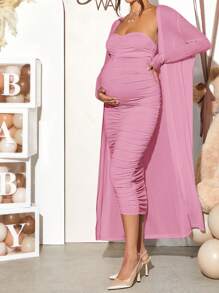 Loomaby 2pcs Maternity Elegant Party Solid Color Jacket And Ruched Bodycon Strapless Dress Set - Pink - View 6