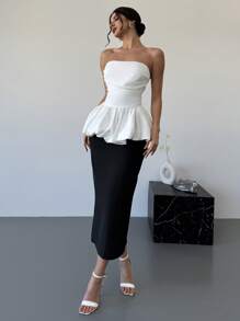 SHEIN Privé Women's Elegant & Romantic Cropped Camisole Top With Ruffle Hem And High Waist Slit Pencil Skirt 2 Pieces Set, Suitable For Dates, Parties, Vacation