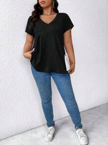 EMERY ROSE Plus Size Women V-Neck Short Sleeve Casual Loose T-Shirt - Grey - View 7