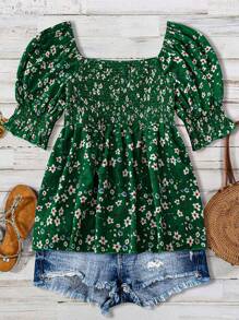 Breezaya Women's Ditsy Floral Square-Neck Ruched Puff Sleeve Ruffle Summer Blouse - Multicolor - View 2