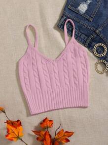 Chiquease Solid Color V-Neck Sleeveless Cropped Cable Knit Tank Spaghetti Strap Top, Great For Dates