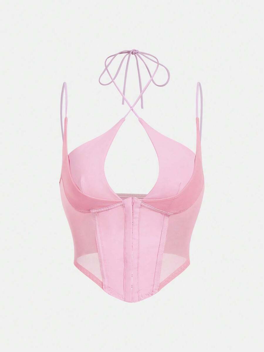 SHEIN Sweetina White Corset Hook And Eye Front Mesh Insert Cami Top - Pink - View 1