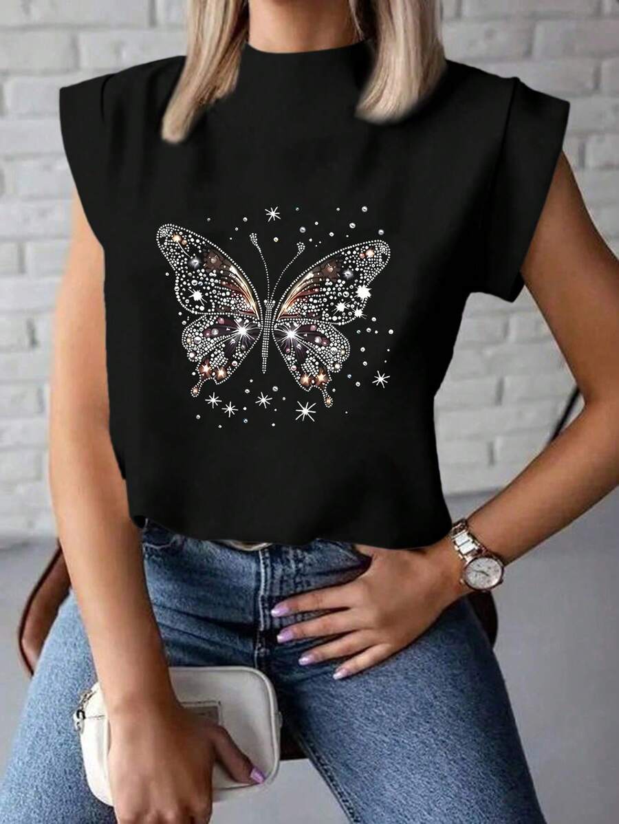 INAWLY Casual Butterfly Print Stand Collar Wide Strap T-Shirt, Spring/Summer - Black - View 1
