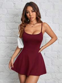 SHEIN PETITE Women's Sling A Hem Solid Color Pocketable Sports And Leisure Daily Anti-Exposure One-Piece Culottes - Burgundy - View 3