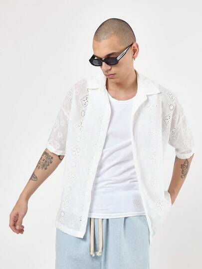 SUMWON 夏季度假短袖纽扣镂空刺绣衬衫度假海滩度假亚麻休闲上衣日常经典穿着透气轻便