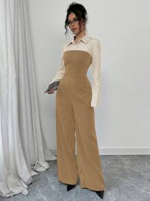 Chiquease 休闲百搭通勤连体裤，纽扣衬衫款式，开叉腰部撞色条纹细节，秋冬款