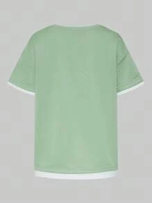 SHEIN Tween Boy Colorblock Letter Print Crew Neck Short Sleeve T-Shirt And Loose Shorts Set