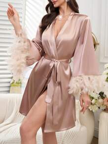 Elegant Gold Embroidered Feather Design Women's Kimono Robe - Coral Pink - View 5